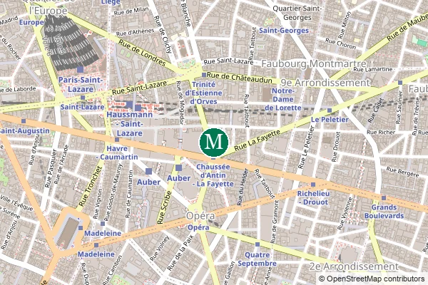 Carte de la station de métro Chaussée d'Antin - La Fayette à Paris
